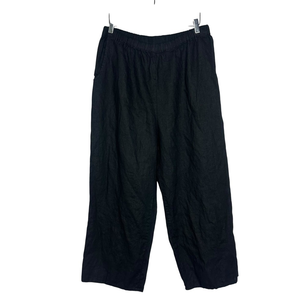 Flax Linen Black Pull on Elastic Wide Leg Pants Pockets Lagenlook Size Large